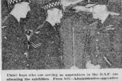 Courtesy Of Den Russell
When W F Evans and Den  were
sent over to Belfast (where Den lived ) for 3
days at a recruiting exhibition. The group
photo shows us staring knowledgably at an
engine model while Air Commodore
Reynolds (AOC N Ireland) and the N Ireland Education Secretary look on